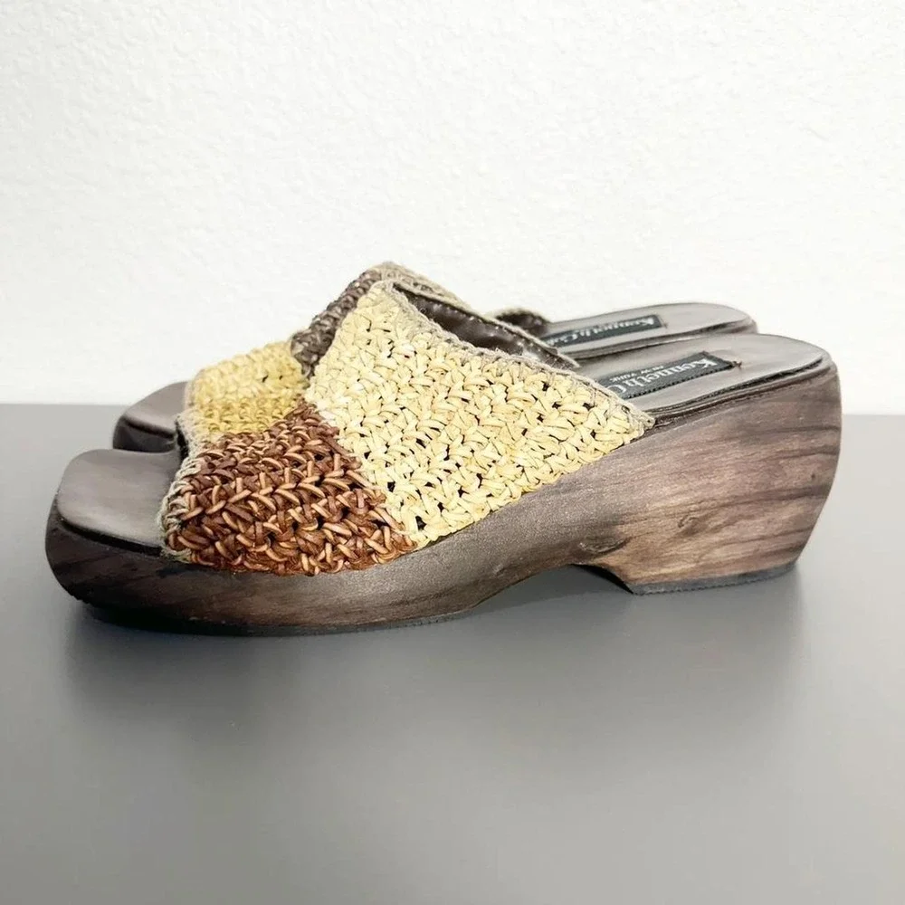 Vintage Y2K Kenneth Cole Size 9 Woven Leather Slip On Wooden Heeled Sandals